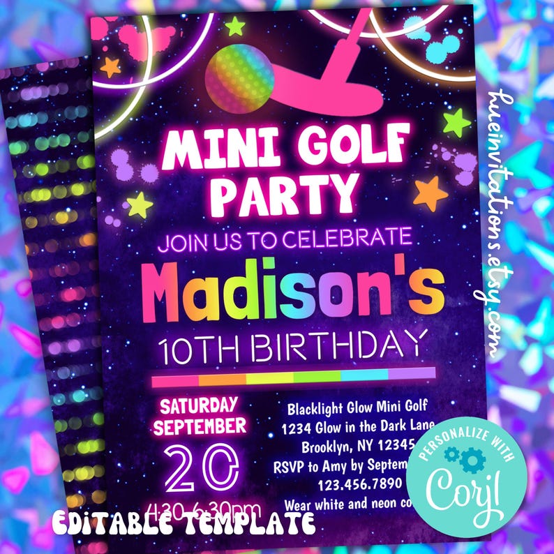 Pu&ograve; includere: Un invito a una festa di compleanno rosa neon e viola per una festa di mini golf. L'invito presenta un tema che brilla al buio con stelle e una mazza da golf rosa neon. Il testo sull'invito recita "Mini Golf Party" e "Unisciti a noi per celebrare il 10&deg; compleanno di Madison". L'invito include anche la data, l'ora e il luogo della festa. L'invito &egrave; personalizzabile con il testo "Personalizza con Coril".