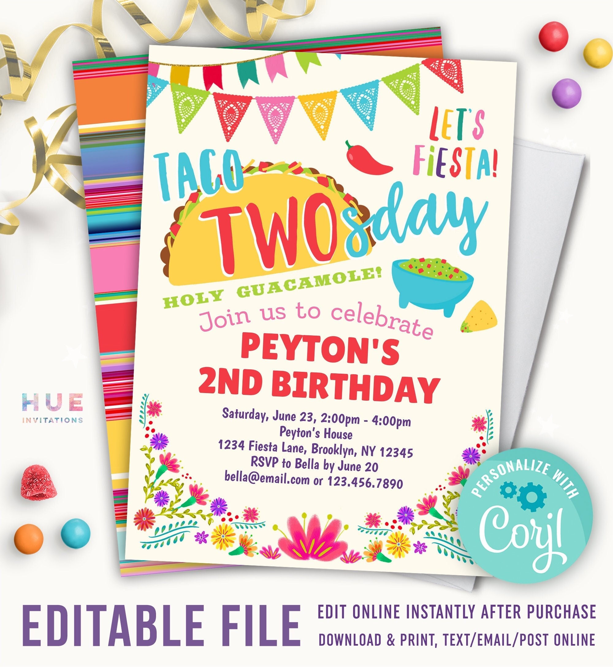 taco TWOsday 2nd birthday invitation instant download editable template holy guacamole fiesta theme taco party invitation for