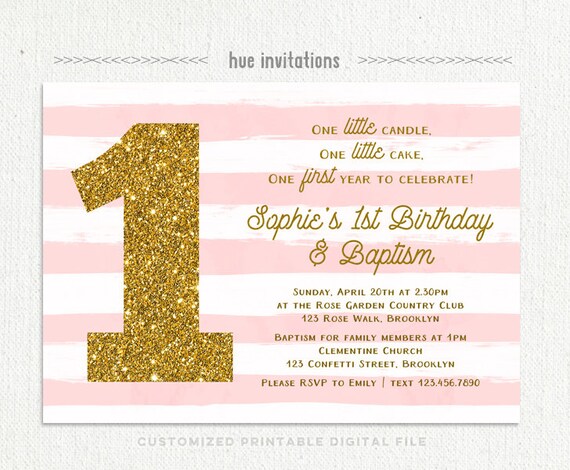 1st birthday baptism invitation for baby girl pink white stripes gold glitter customized girls party invitation printable digital file little girl party invitations