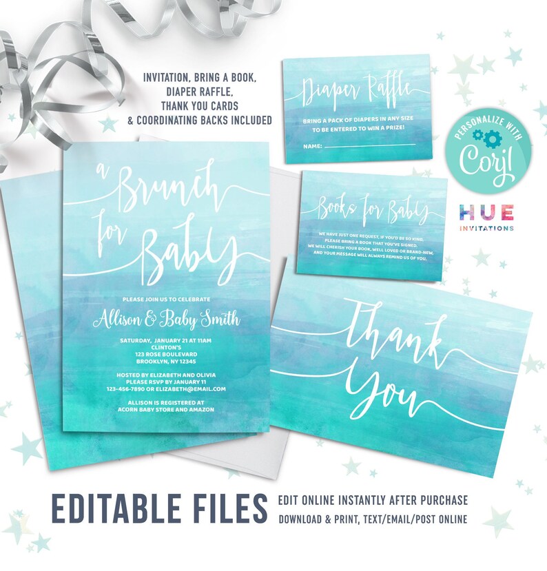 Baby Shower Brunch Invitation Set Instant Download Blue Etsy