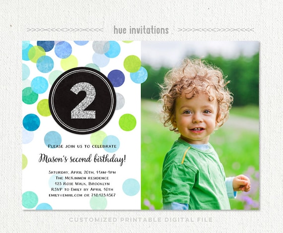 2nd birthday invitation boy blue green silver glitter second etsy