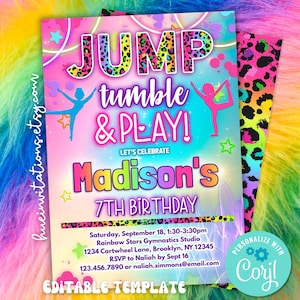 May include: A colorful birthday party invitation with the text "JUMP tumble & PLAY!" and "Madison's 7th Birthday." The design includes gymnastics figures, stars, and a leopard print pattern. The invitation is an editable template.