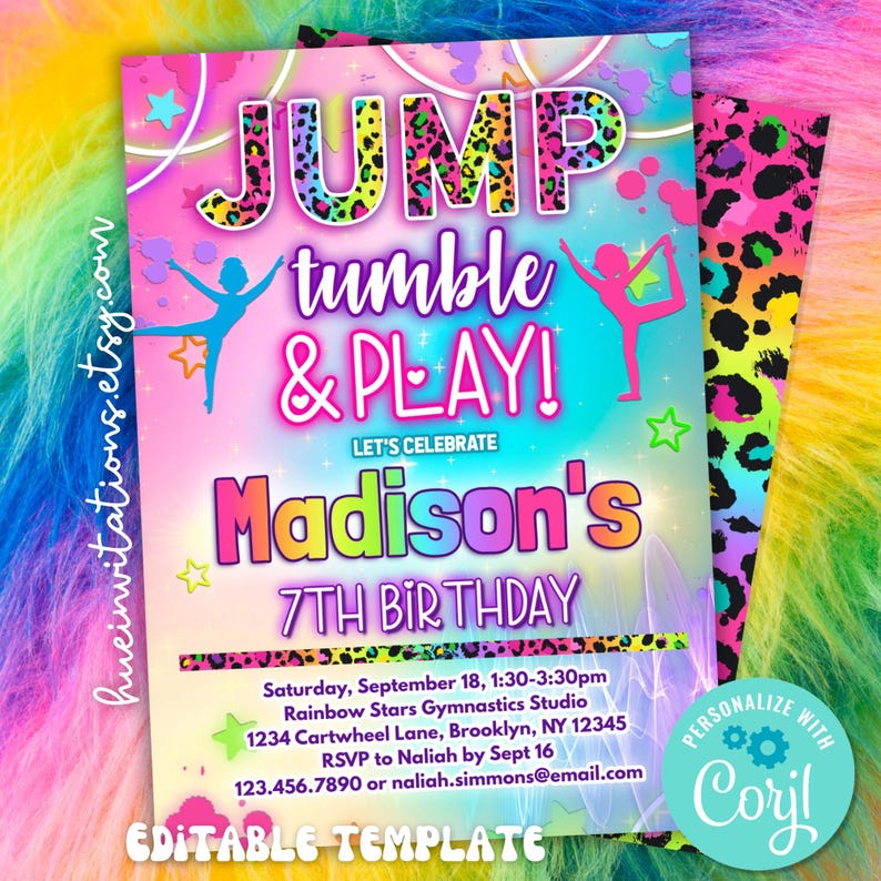 May include: A colorful birthday party invitation with the text "JUMP tumble & PLAY!" and "Madison's 7th Birthday." The design includes gymnastics figures, stars, and a leopard print pattern. The invitation is an editable template.