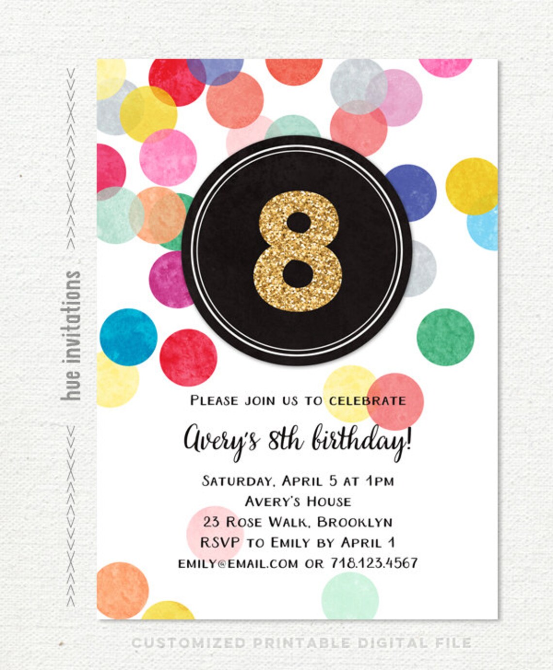 8th Birthday Invitation For Girls Rainbow Birthday Party Gold Etsy