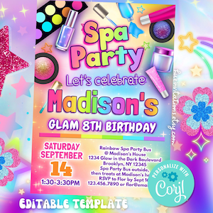 rainbow spa party invitation editable template | colorful makeup & nails birthday invite | glam spa party bus birthday party template