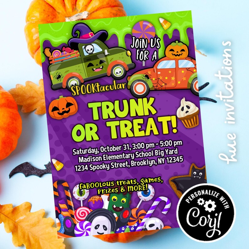 May include: A Halloween-themed invitation with a purple background and green accents. The design features cartoon cars, pumpkins, and the text "TRUNK OR TREAT!" The invitation includes event details and the phrase "faBOOLOUS treats, games, Prizes & MORE!"