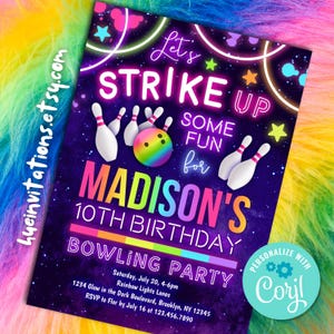 Puede incluir: Una invitaci&oacute;n a una fiesta de cumplea&ntilde;os de color rosa ne&oacute;n, azul y verde para una fiesta de bolos. La invitaci&oacute;n dice "Let's Strike Up Some Fun for Madison's 10th Birthday Bowling Party".