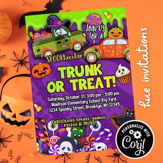 cute trunk-or-treat invitation | kids Halloween party trunk or treat flyer editable template | school or church trunk or treat