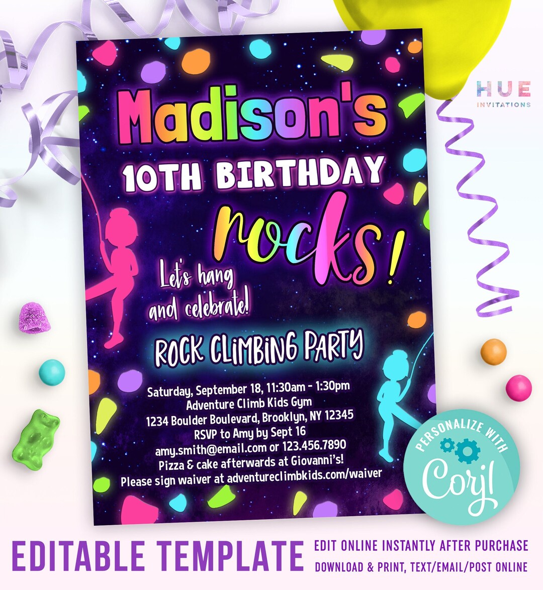 Rock Climbing Birthday Party Invitation Editable Template Girls Rock ...