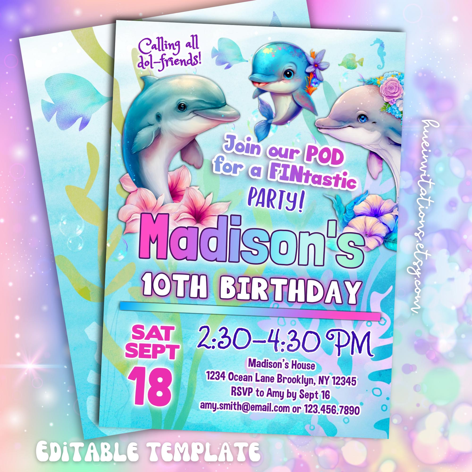cute-dolphin-birthday-party-invitation-under-the-sea-hawaiian-dolphins-birthday-invite-girls-tropical-ocean-birthday-editable-template-etsy