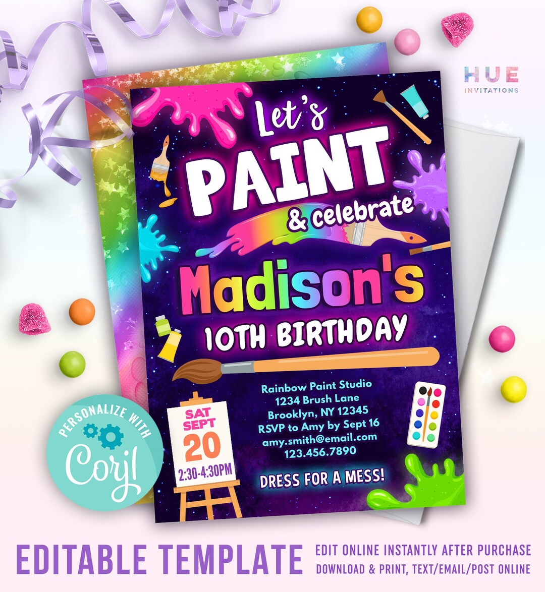 Rainbow Paint Party Birthday Invitation Editable Template Paint