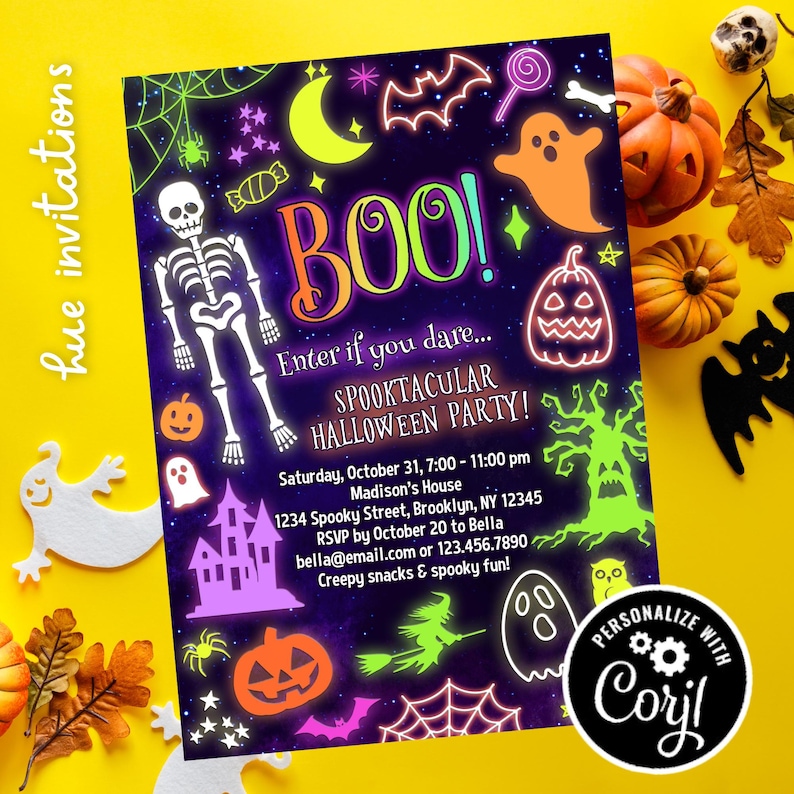 neon Halloween party invitations | spooktacular Halloween costume party invites | kids spooky Halloween invites neon colors image 2