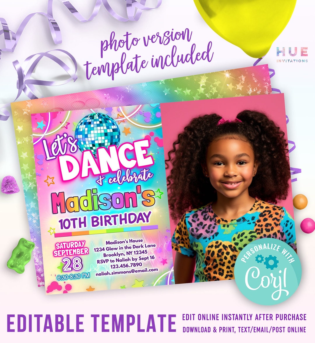 Colorful Dance Party Invitation for Girls With a Photo Disco Ball Dance
