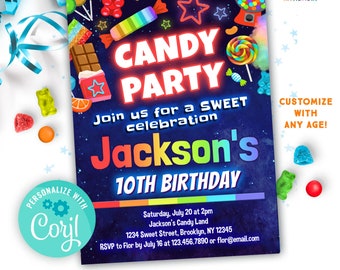 candy theme birthday invitation for boys and girls editable template | rainbow candy factory birthday invite | sweet shop party invitation