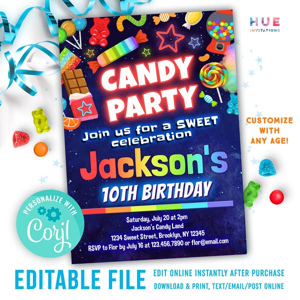 candy theme birthday invitation for boys and girls editable template | rainbow candy factory birthday invite | sweet shop party invitation