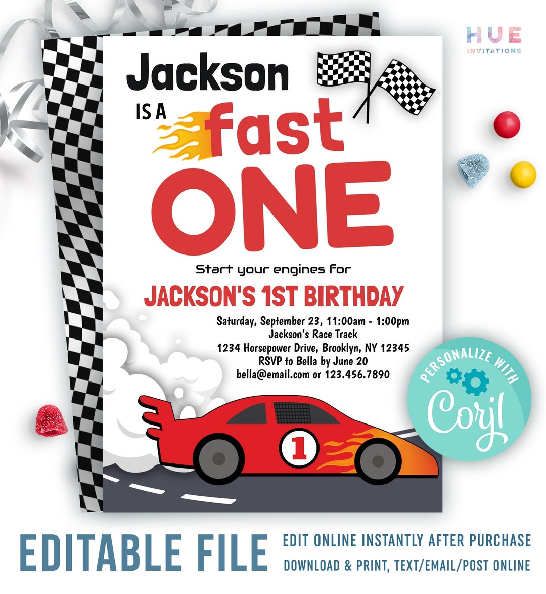 Race Car Fast ONE 1st Birthday Invitation Template | Red Black White ...
