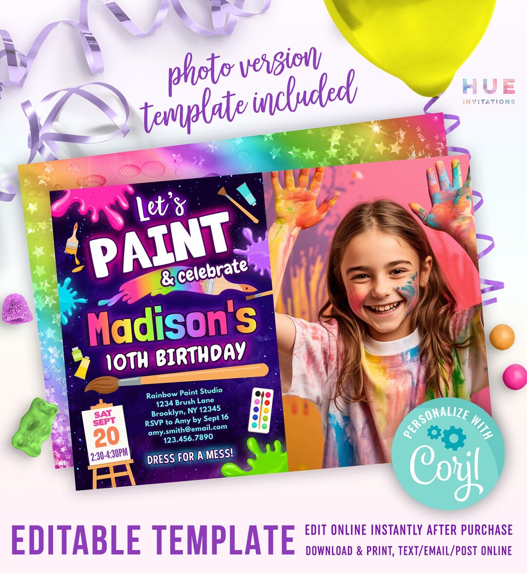 Girls Paint Party Birthday Invitation With a Photo Editable Template