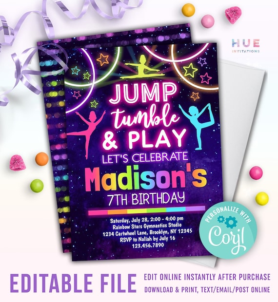 Jump Tumble & Play Gymnastics Birthday Party Invitation Etsy