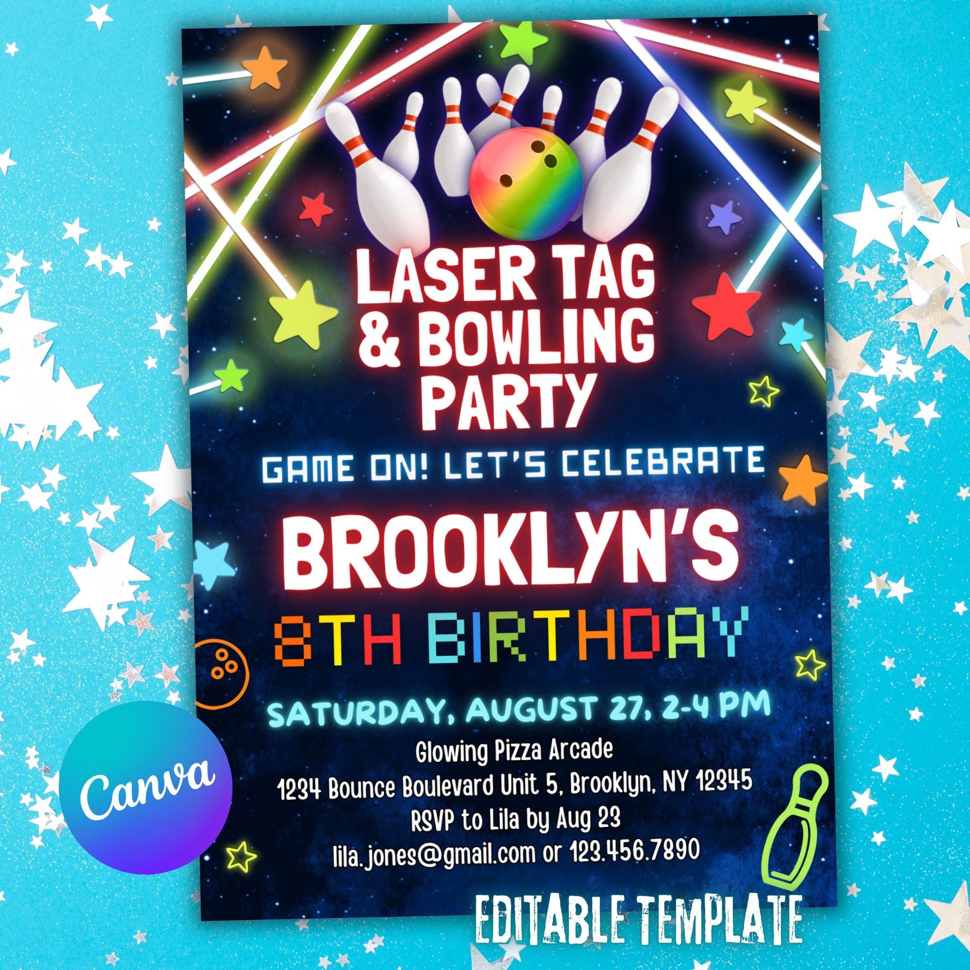 bowling and laser tag birthday invitation editable with Canva | colorful bowling laser arcade party invites for kids for print, text & email