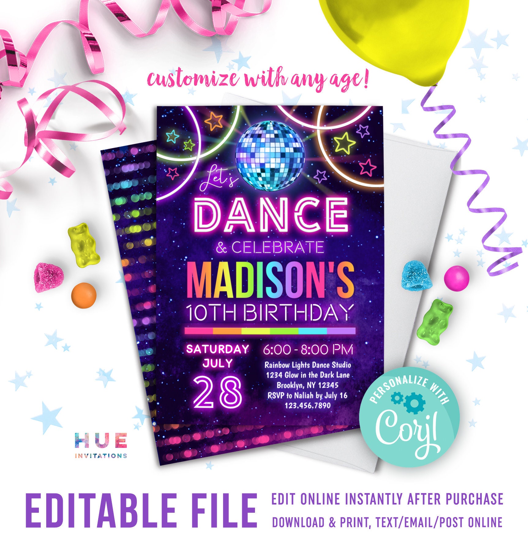Dance party birthday invitation instant download glow etsy