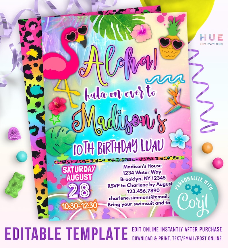 Puede incluir: Una invitaci&oacute;n colorida para una fiesta de cumplea&ntilde;os con un flamenco rosa con gafas de sol y una pi&ntilde;a con gafas de sol. El texto dice "Aloha! hula on over to Madison's 10th Birthday Luau". La invitaci&oacute;n incluye la fecha, la hora y la ubicaci&oacute;n de la fiesta.