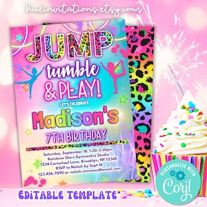 May include: A vibrant birthday party invitation with the text "JUMP tumble & PLAY!" and "Madison's 7TH BIRTHDAY." The design features a gymnastics theme with colorful graphics, stars, and a leopard print border. The invitation is an editable template.