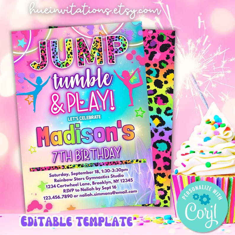 May include: A vibrant birthday party invitation with the text "JUMP tumble & PLAY!" and "Madison's 7TH BIRTHDAY." The design features a gymnastics theme with colorful graphics, stars, and a leopard print border. The invitation is an editable template.