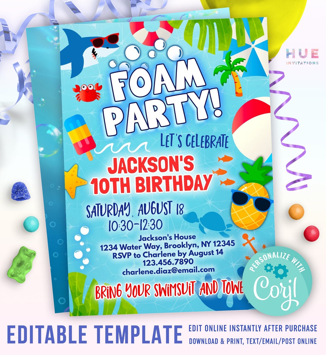 Kids Foam Party Invitation Template for Boys and Girls Shark Pineapple