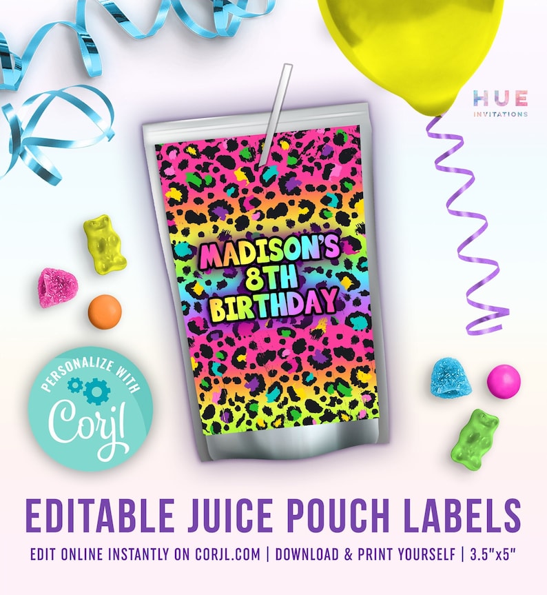 Rainbow Leopard Party Juice Pouch Labels Editable Template | Girls Neon ...