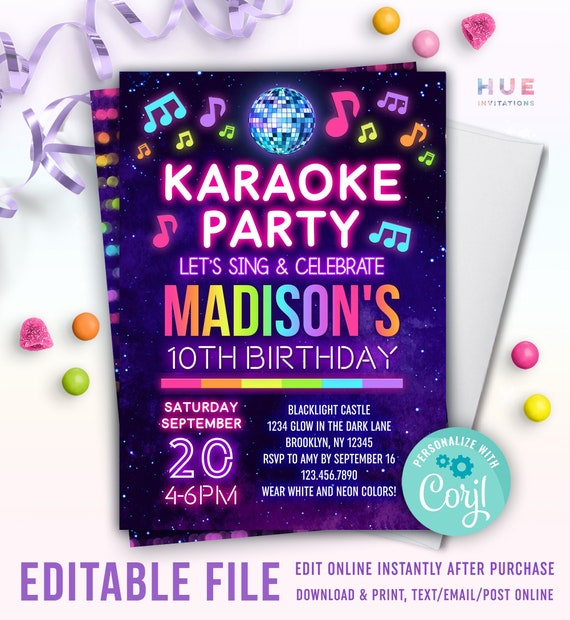 Glow Karaoke Party Birthday Invitation Instant Download Etsy UK