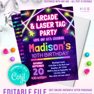 May include: A neon-colored birthday party invitation for a 10th birthday party. The invitation features a purple background with neon pink, green, and blue lights. The text on the invitation reads "Arcade & Laser Tag Party" and "Madison's 10th Birthday". The invitation also includes the date and time of the party, as well as the location. The invitation is customizable with any age and all text is editable.