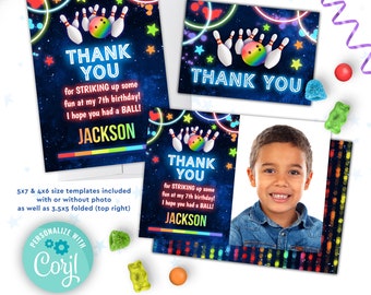 boys bowling birthday thank you cards Corjl template |  neon rainbow glow bowling party thank you card editable templates with photo
