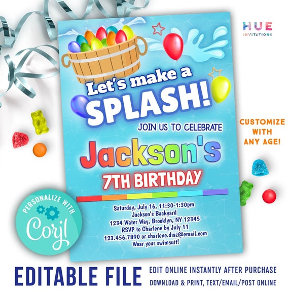 Boys Water Balloon Party Invitation Template Backyard Summer - Etsy