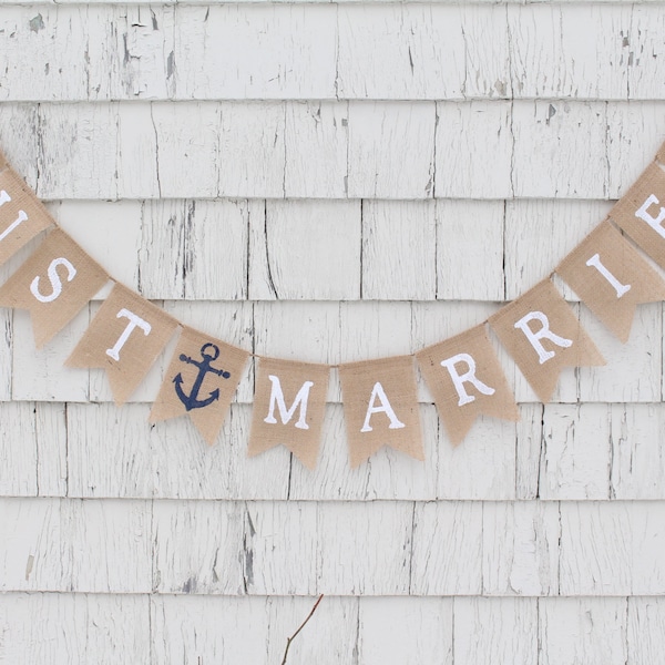 Just Married Banner, Just Married Nautical Burlap Bunting, Nautical Anchor Wedding Decor, Just Married Garland Nautical Anchor Burlap Banner