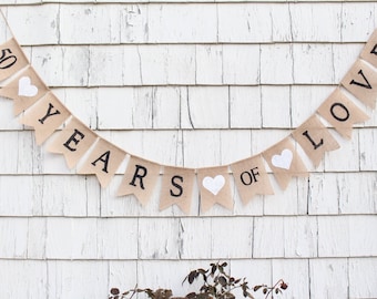 50th Anniversary Decor, Anniversary Banner, Happy Anniversary Burlap Bunting, 50 Years of Love Banner Sign, Rustic Anniversary Burlap Banner