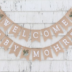 Greenery Baby Shower Decorations, Greenery Shower Banner, Baby Shower Burlap Banner, Custom Personalized Welcome Baby Banner