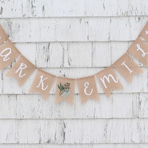 Custom Name Burlap Banner, Greenery Bridal Shower Decorations, Greenery Shower Banner, Coed Wedding Shower Banner, Personalized Banner