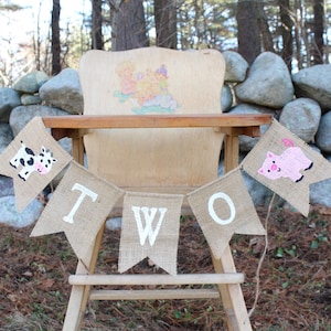 Farm Highchair Banner, Little Blue Truck Second Birthday Party Decorations, High Chair Burlap Banner, Oink baa moo birthday, Cow Pig Banner