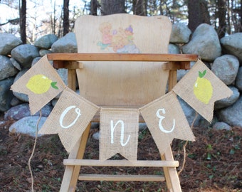 Lemon 1st Birthday, Lemon Highchair Banner, Lemonade First Birthday Party Decorations, High Chair Burlap Banner, One Banner