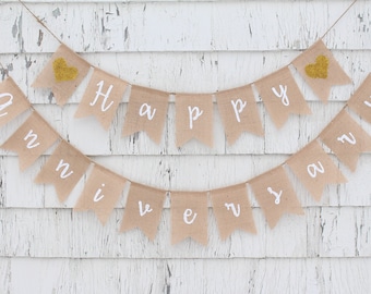 Happy Anniversary Burlap Banner, Gold Anniversary Party Decorations, Rustic Anniversary Decor, 50th 60th 40th 20th 30th Anniversary Banner