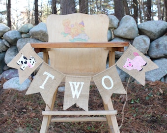 Farm Highchair Banner, Little Blue Truck Second Birthday Party Decorations, High Chair Burlap Banner, Oink baa moo birthday, Cow Pig Banner