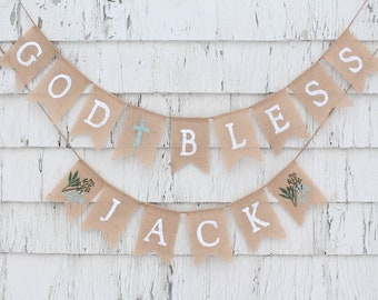 Greenery Baptism Decorations, Custom Baptism Banner, God Bless Burlap Banner, First Communion Decorations, Greenery First Communion Banner