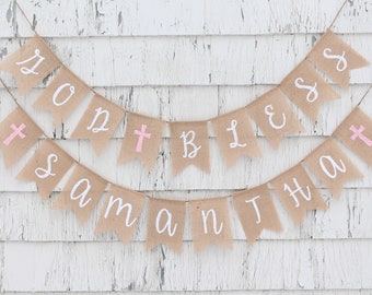 Baptism Banner, Custom Baptism Banner, God Bless Bunting, First Communion Decorations, Baptism Burlap Banner, First Communion Banner