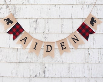 Lumberjack Nursery Decor, Lumberjack Name Banner, Custom Name Banner, Personalized Burlap Banner, Custom Name Bunting, Lumberjack Birthday