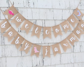 Girl Dinosaur Baby Shower, Custom Welcome Baby Banner, Dinosaur Shower Decorations, Hatching Soon Baby Shower, Dinosaur Party Banner