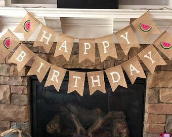 Watermelon Birthday Decorations, Custom Happy Birthday Banner, Watermelon Party Supplies, One in a Melon Birthday, Watermelon Burlap Banner