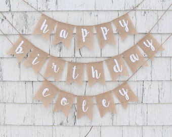 Custom Birthday Burlap Banner, Happy Birthday Banner With Name, Happy Birthday Bunting, Rustic Birthday Decorations, Custom Script Banner