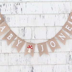 Mushroom Toadstool Baby Banner, Custom Burlap Banner, Personalized Name Banner, Cottagecore Burlap Banner, Woodland Baby Shower Decorations