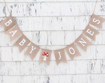 Mushroom Toadstool Baby Banner, Custom Burlap Banner, Personalized Name Banner, Cottagecore Burlap Banner, Woodland Baby Shower Decorations