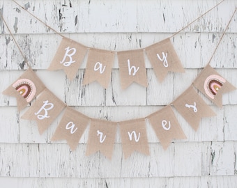 Boho Rainbow Baby Shower Banner, Custom Baby Name Banner, Rainbow Baby Shower Decorations, Boho Shower Banner, Baby Shower Burlap Banner
